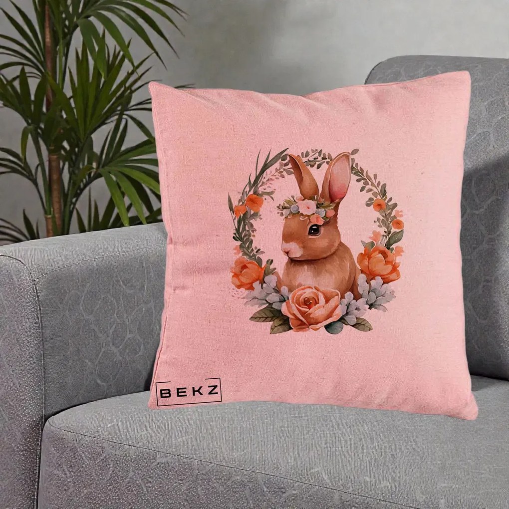 Perna Decorativa Iepuras Floral Coronita Acuarela, 40x40 cm, Roz, Husa Detasabila, Perna Inclusa, BEKZ®