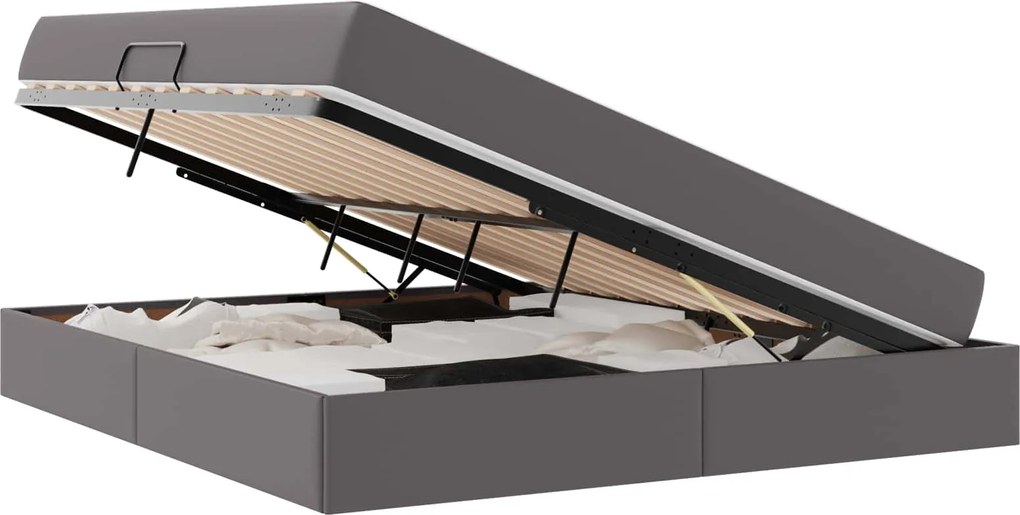 vidaXL Pat cu saltea și spațiu de depozitare cu saltea 2 pcs Gri Piele