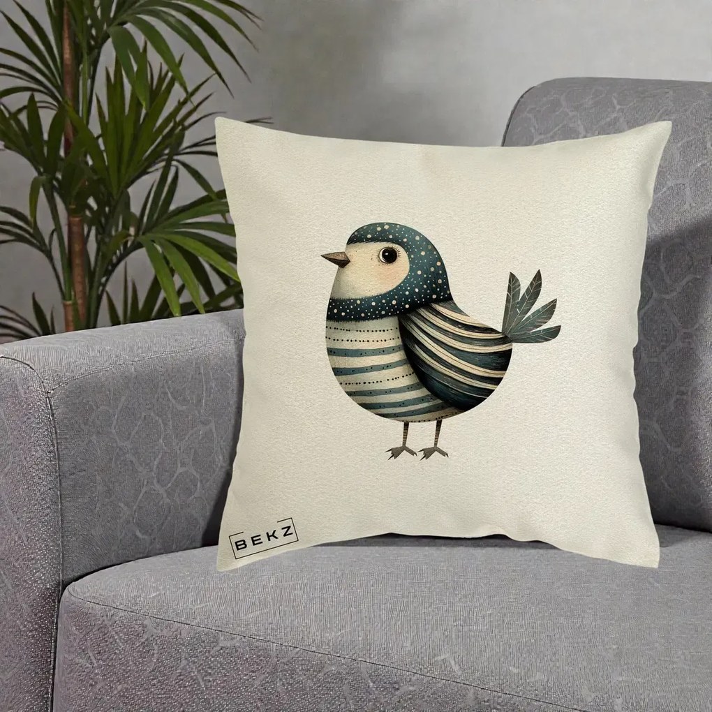 Perna Decorativa Pasare Teal Decorativa Dungata, 40x40 cm, Ecru, Husa Detasabila, Perna Inclusa, BEKZ®