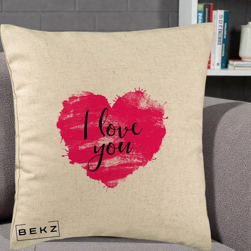 Cadou Romantic - Perna Personalizata I Love You Inima Roz, 40x40 cm, Bej, Husa Detasabila, Perna Inclusa, BEKZ®