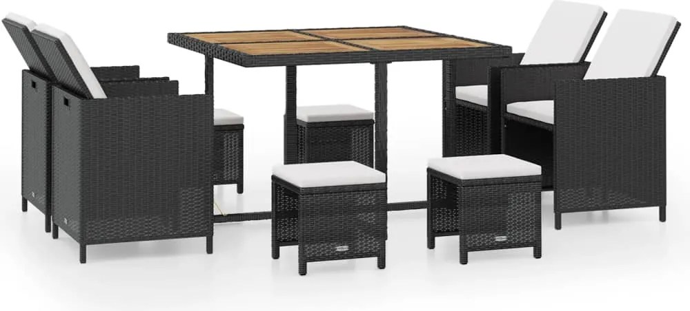 vidaXL Set mobilier de exterior, 9 piese negru, poliratan, lemn acacia