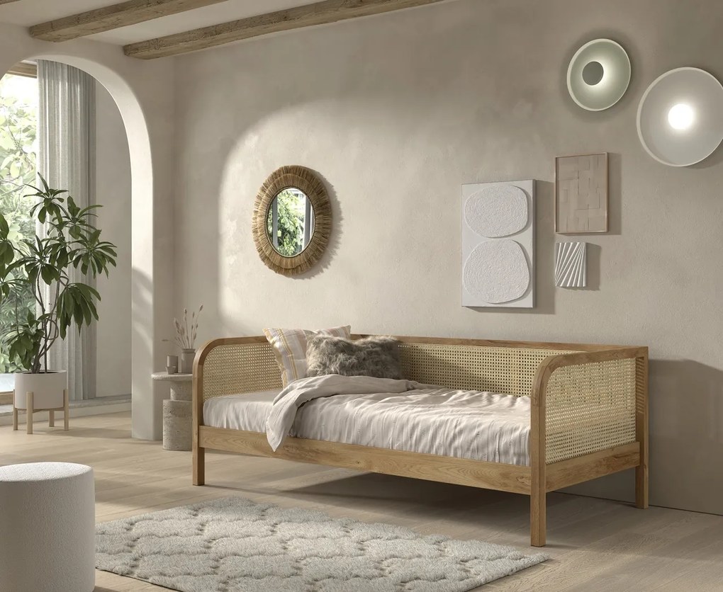 Pat copii pentru camera copil tip CABINĂ MĂSLIN 90 X 200 CM RATTAN STEJAR