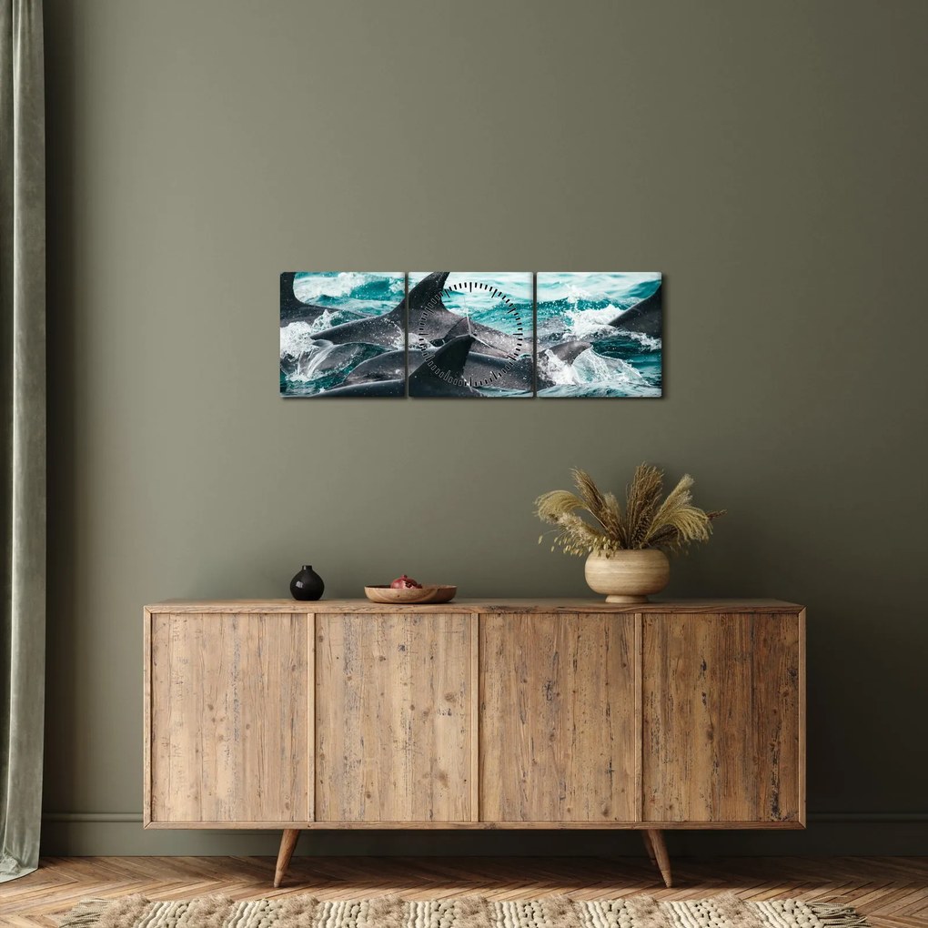 Tablou - Delfini în ocean (cu ceas) (90x30 cm)