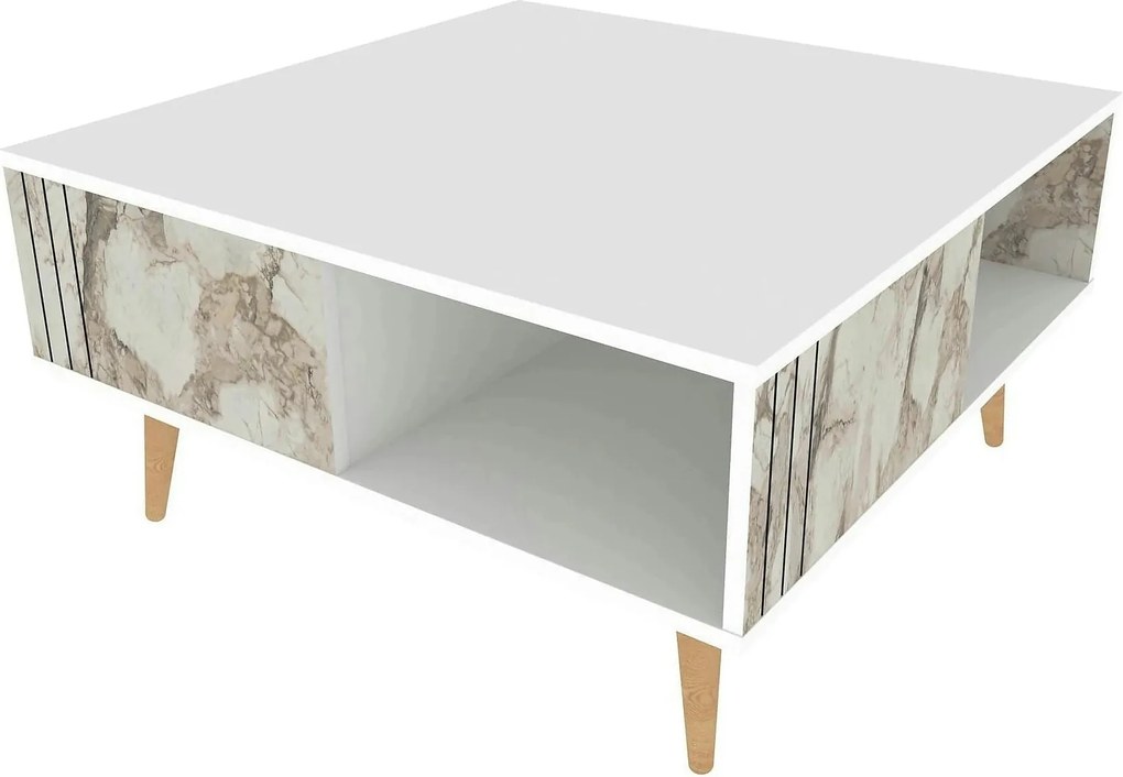 Masuta cafea Ronas, alb cu efect de marmura, PAL melaminat, 90x90x47 c