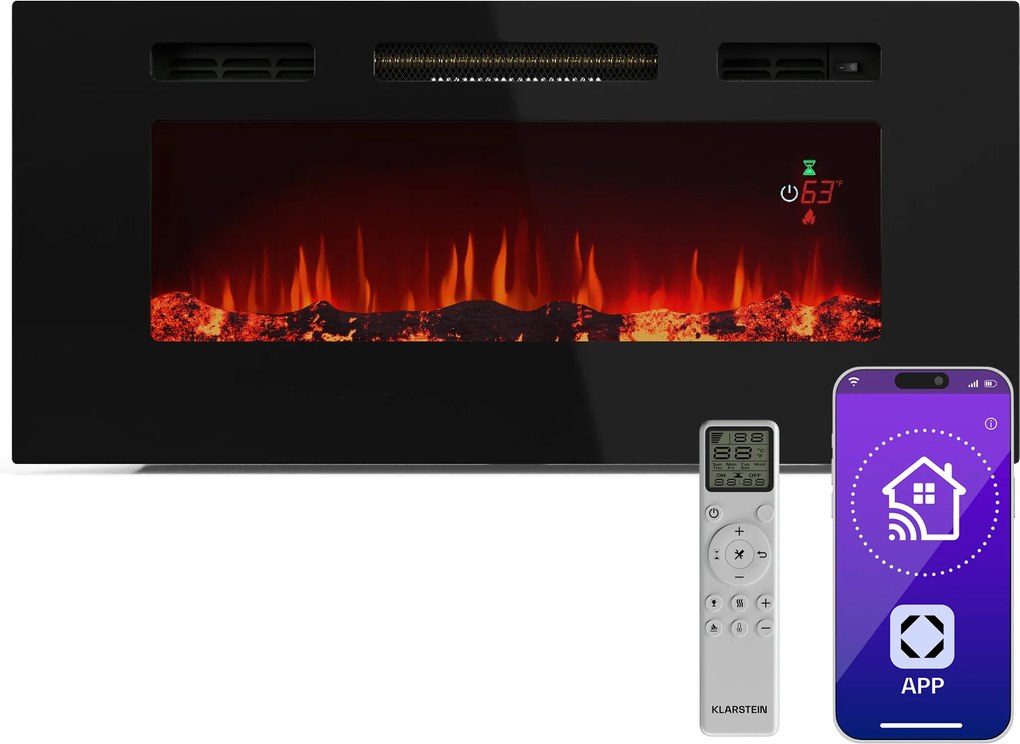 Klarstein Șemineu electric inteligent Galeras Smart, 2 setări de temperatură, 16 - 30°| Iluzia flăcării LED, Opțiune de conectare IOT