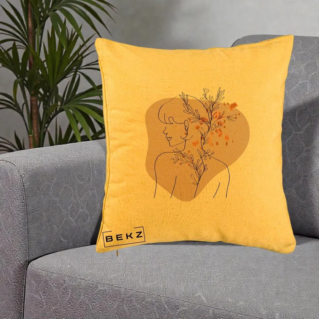Perna Decorativa Femeie cu Flori Line Art Boho, 40x40 cm, Galben, Husa Detasabila, Perna Inclusa, BEKZ®
