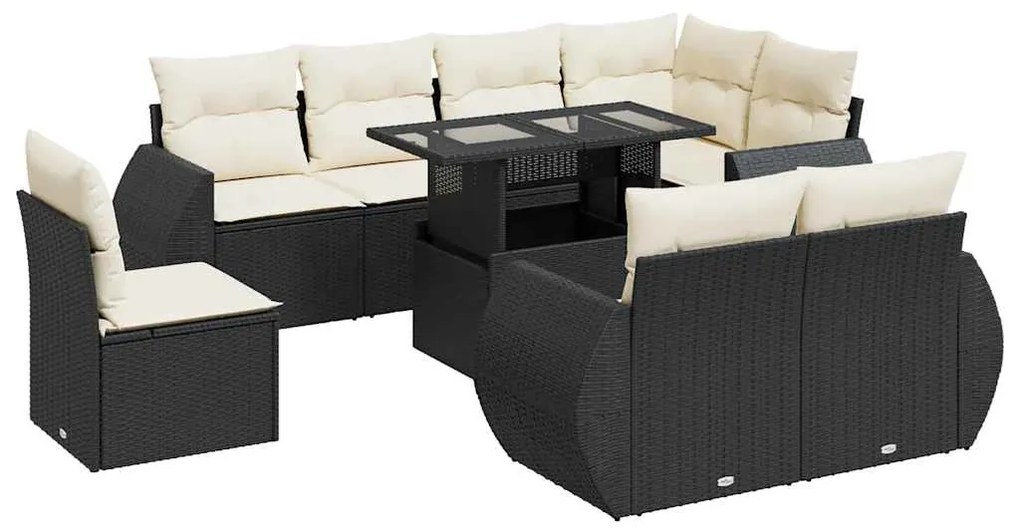 3326657 vidaXL Set mobilier de grădină cu perne, 9 piese, negru, poliratan