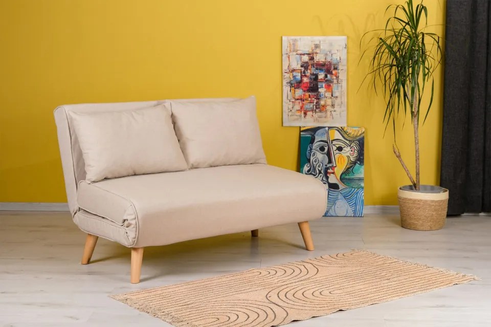 Canapea Extensibila 2 Locuri, Cadru Metalic, Folde, Crem