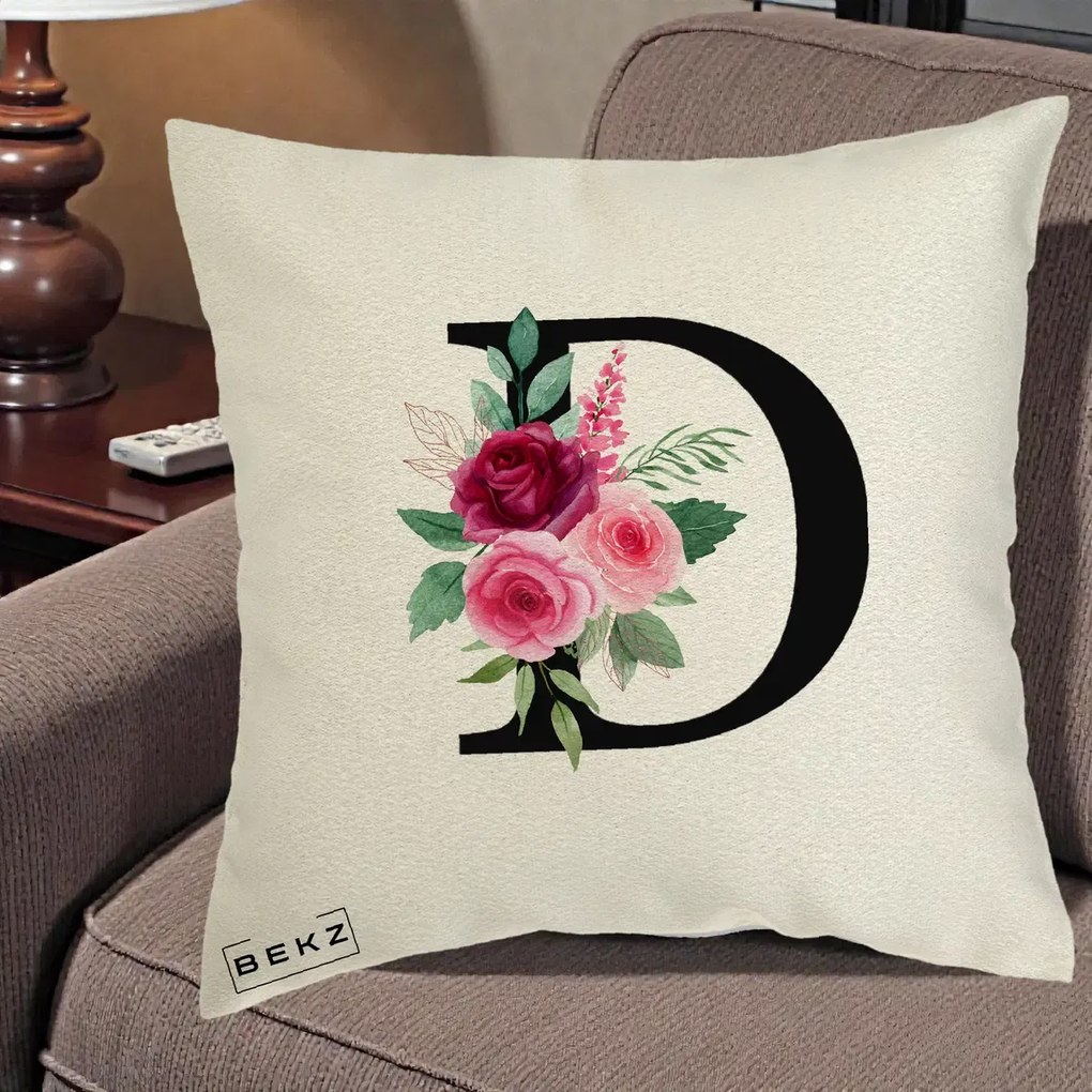 Cadou Personalizat - Perna Personalizata Monograma Florala Litera D, 40x40 cm, Ecru, Husa Detasabila, Perna Inclusa, BEKZ®