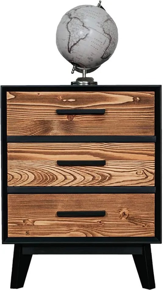Noptieră lemn masiv Timeless 3 Sertare Negru, 50 × 40 × 64 cm
