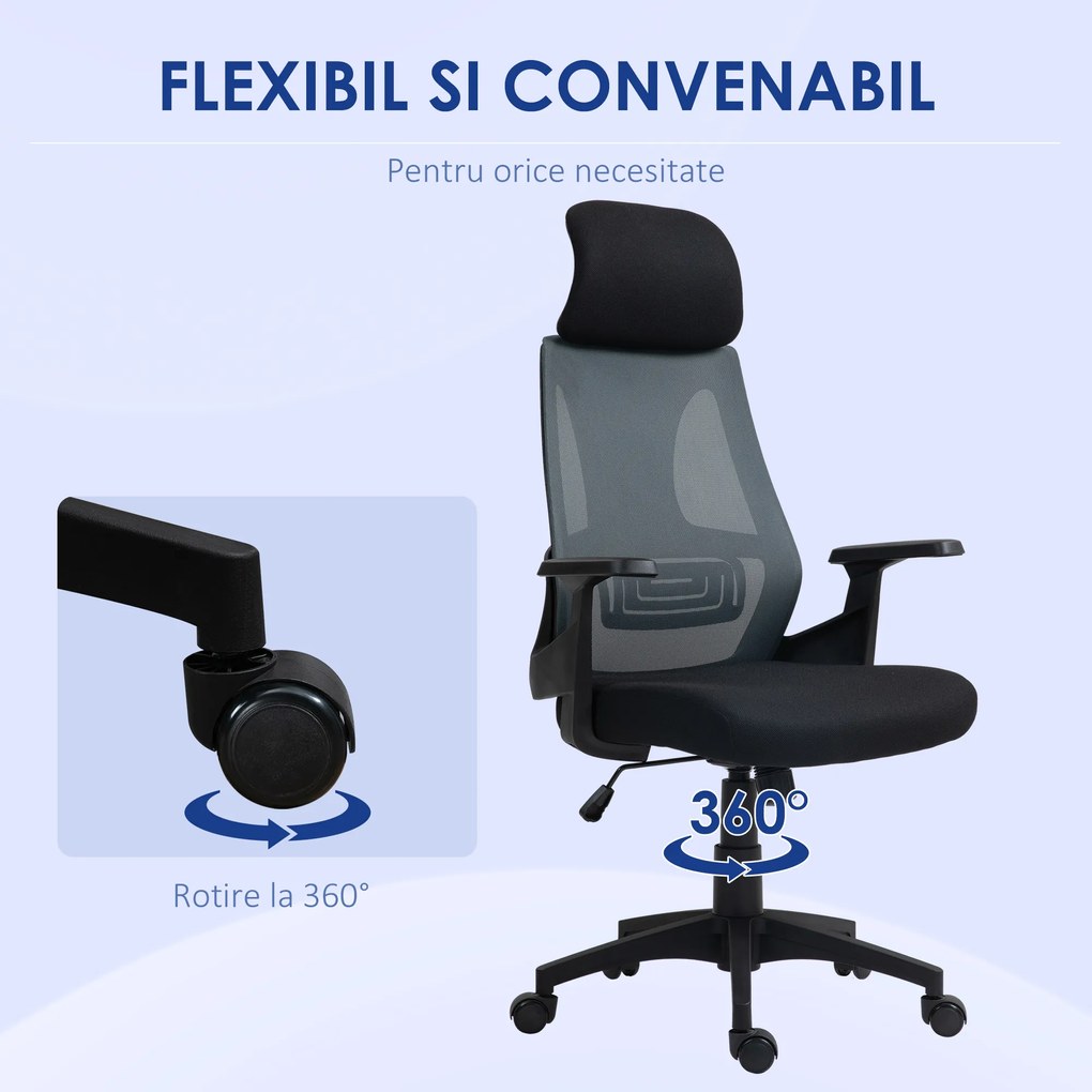 HOMCOM Scaun Ergonomic de Birou cu Suport Lombar, Tetieră și Înălțime Reglabilă, 66x58x115-123 cm, Negru | Aosom Romania