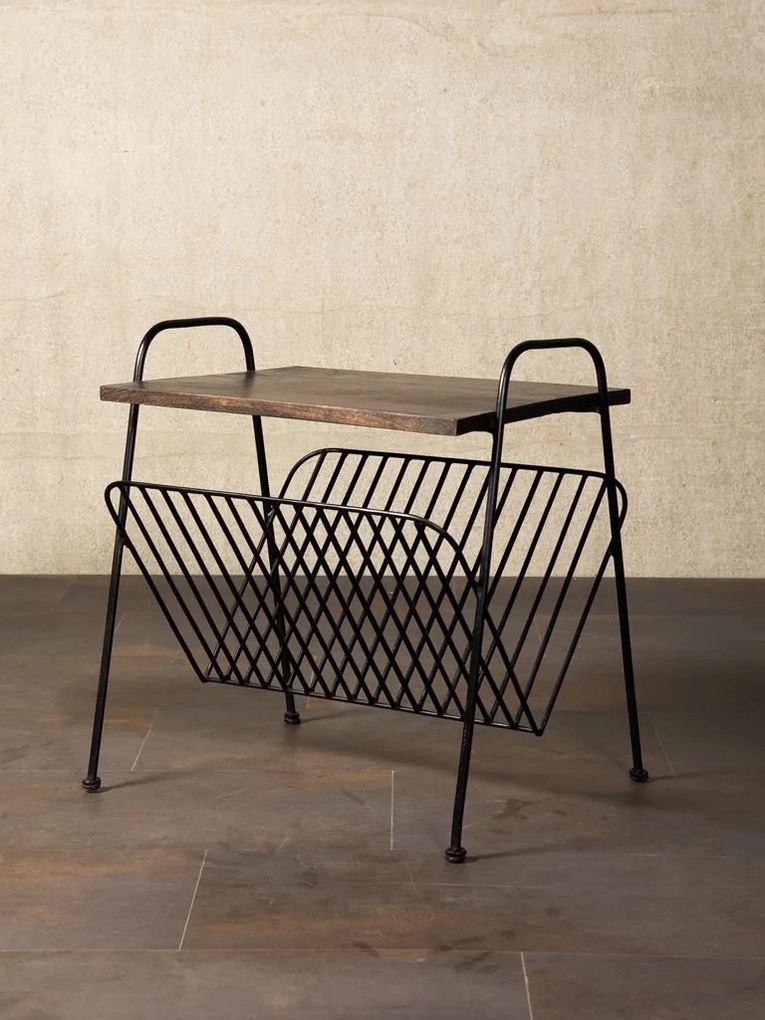 Masuta laterala, din metal si lemn de mango, cu suport pentru reviste, Industrial Chic