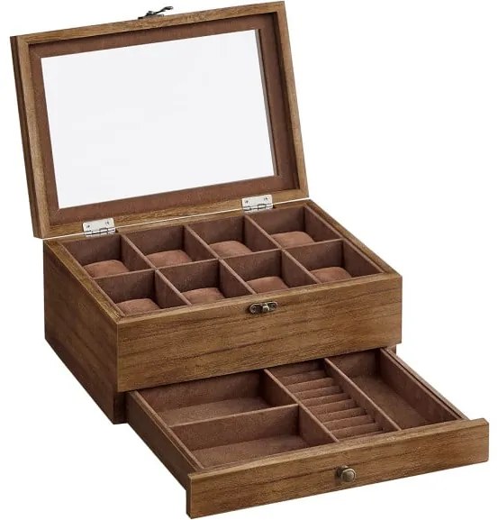 Cutie De Bijuterii Din Lemn Cu 2 Niveluri, Cu Capac De Sticla, Nuc Rustic