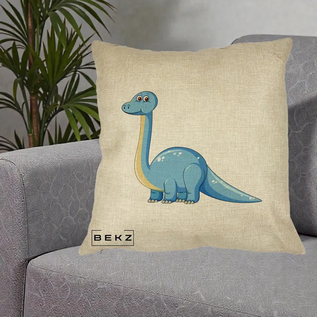 Perna Personalizata Brontosaur Albastru, 40x40 cm, Crem, Husa Detasabila, Perna Inclusa, BEKZ®
