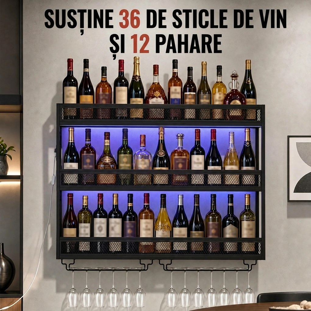HOMCOM Suport de perete pentru vin cu LED, stil industrial, metal negru | Aosom Romania