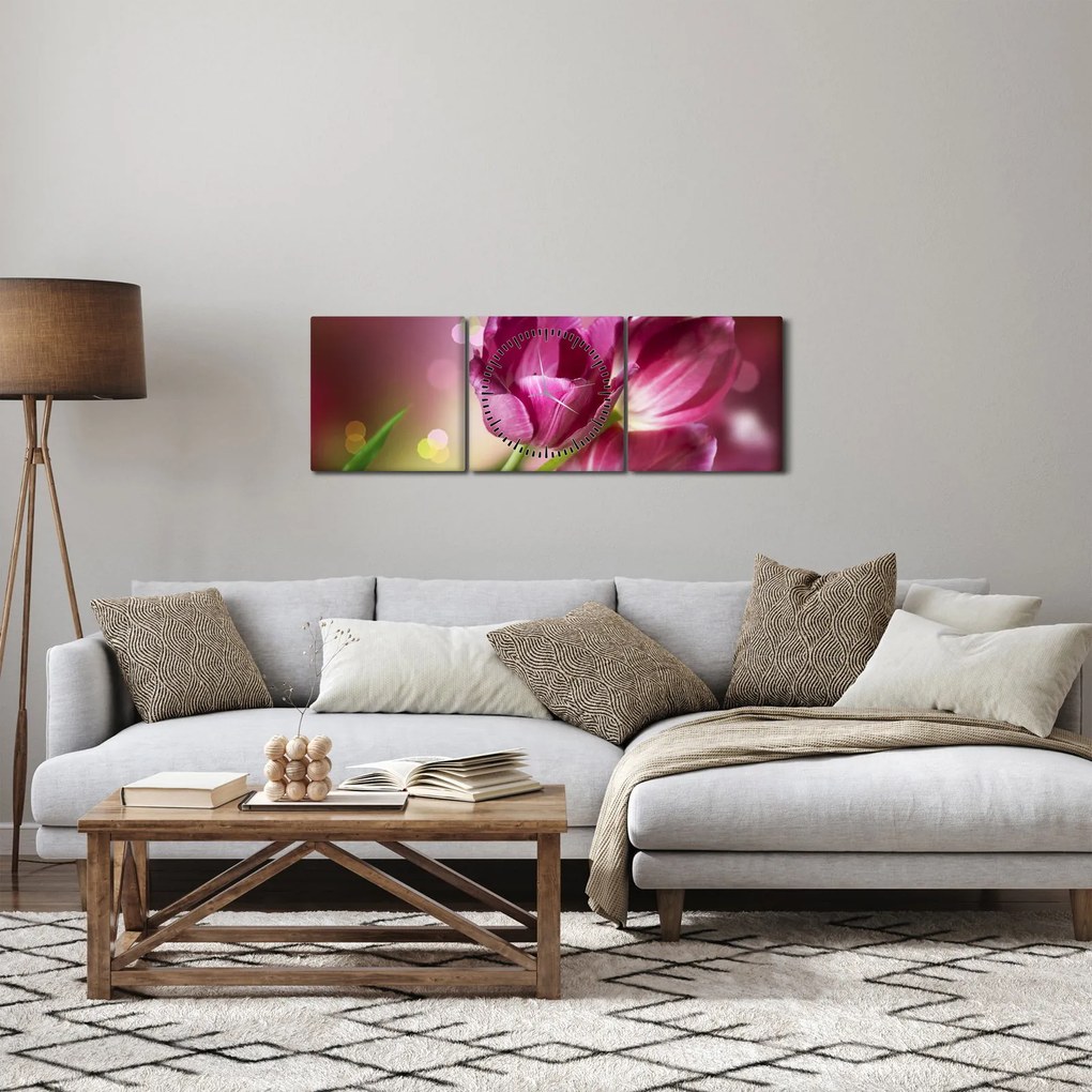 Tablou cu lalele roz (cu ceas) (90x30 cm)