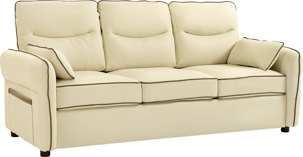 HOMCOM Canapea cu 3 Locuri Tapițată din Piele Ecologică cu Cusături Contrastante, Canapea pentru Sufragerie cu Perne Groase, 2 Perne Detașabile și Lavabile, Brațe și Buzunare Laterale, 190x83x90 cm, Bej | Aosom Romania