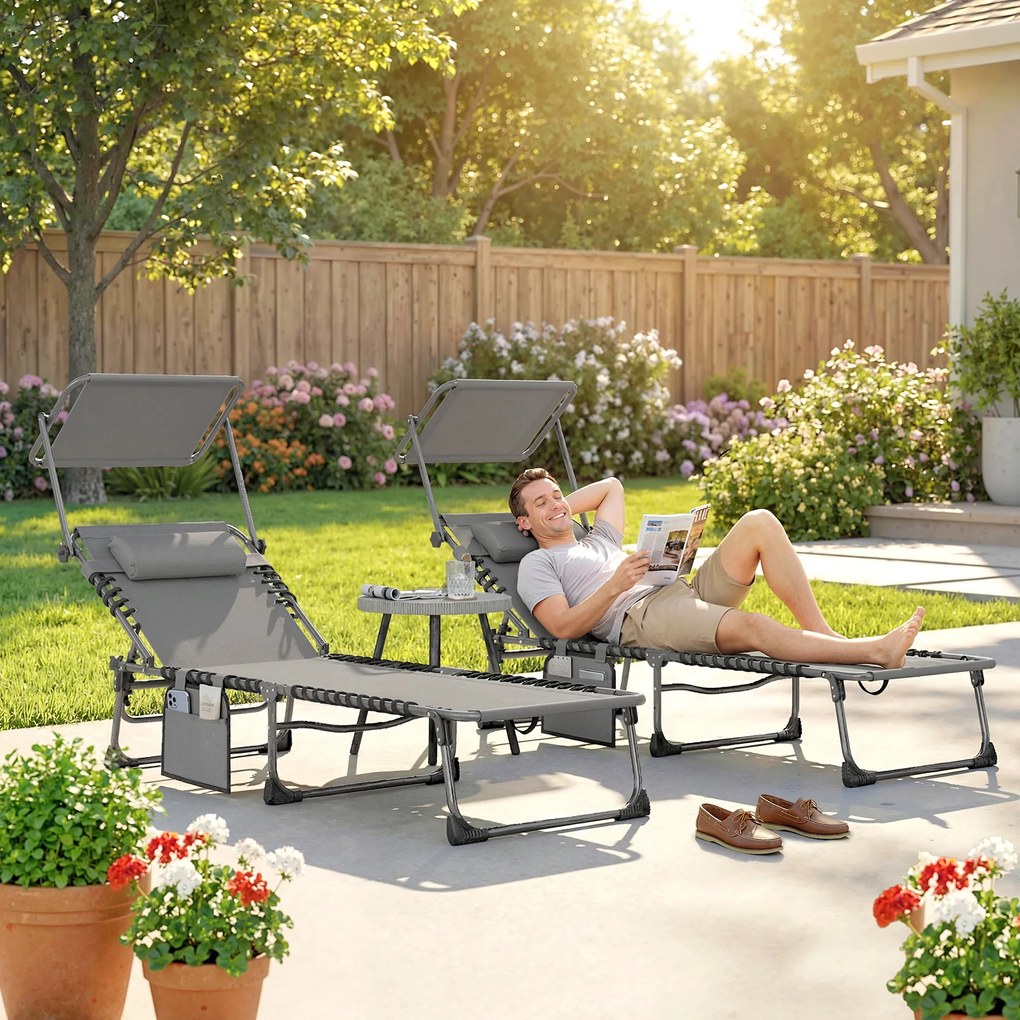 Outsunny Set de 2 șezlonguri pliabile cu pernă pentru cap, told, buzunar lateral și spătar reglabil în 5 poziții, gri | Aosom Romania