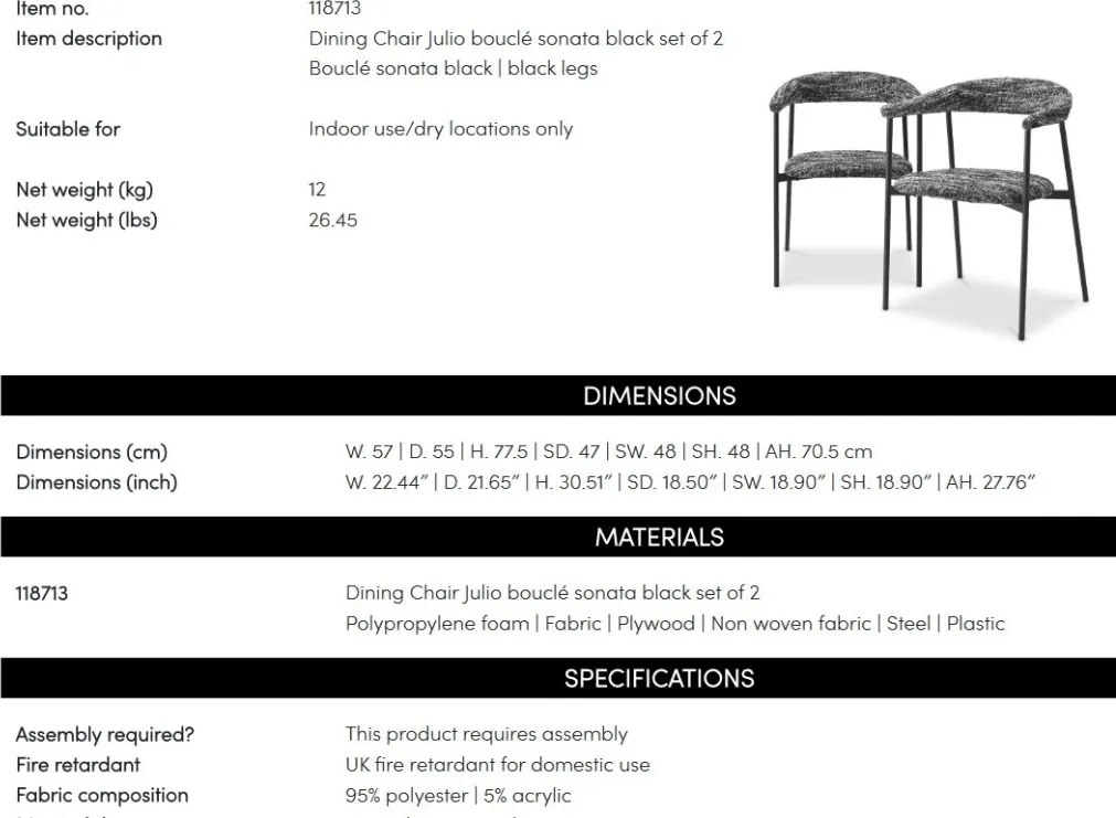Set de 2 scaune design LUX Julio, Boucle sonata black