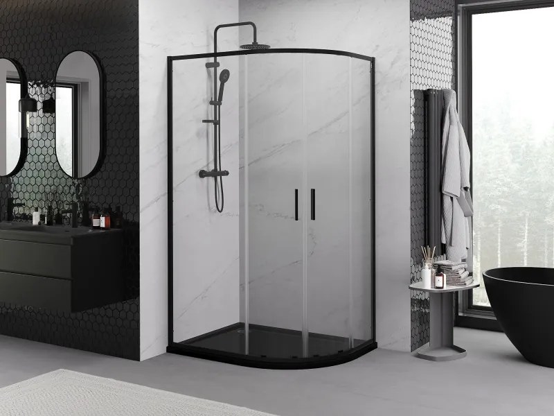 Mexen Exo cabină de duș semicirculară asimetrică de tip culisant 90 x 80 cm, transparent, negru - 8132-090-080-70-00