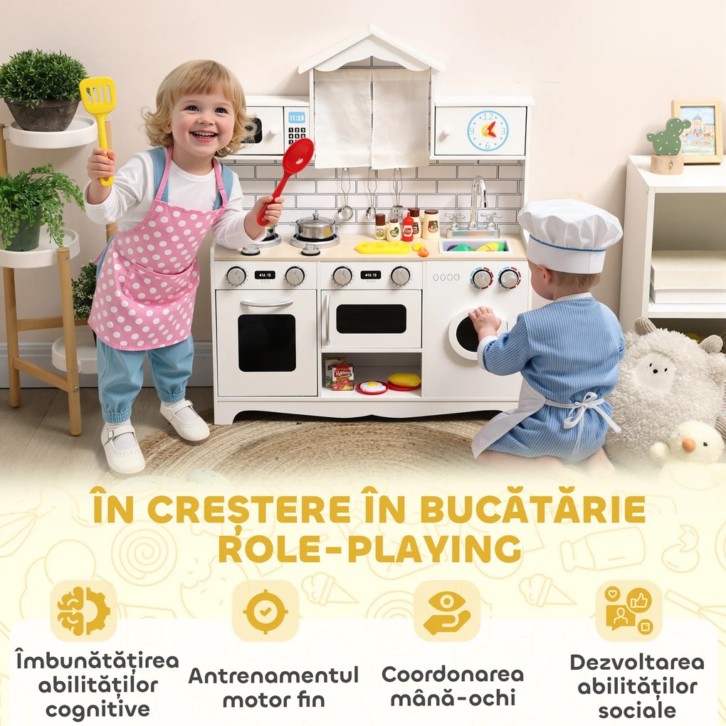 AIYAPLAY Bucătărie de Jucărie pentru Copii 3-6 Ani din Lemn cu Set de Accesorii, Chiuvetă și Butoane cu Sunete, Alb | Aosom Romania