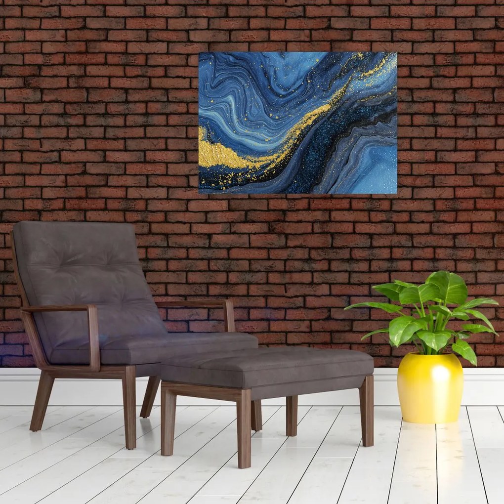 Tablou pe sticlă - Abstracție albastru-aurie (70x50 cm)