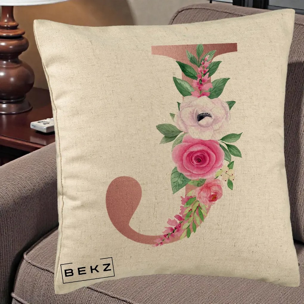 Cadou Personalizat - Perna Personalizata Monograma Rose Gold Litera J, 40x40 cm, Bej, Husa Detasabila, Perna Inclusa, BEKZ®