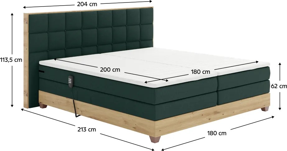Pat electric reglabil, boxspring, verde/stejar artizanal, 180x200, TIANA