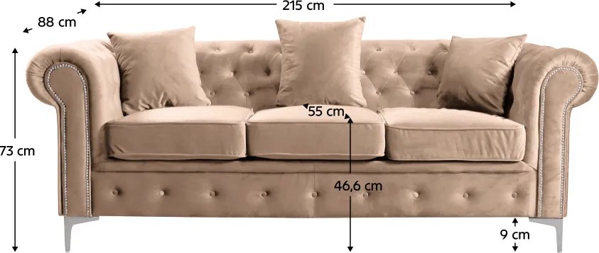 Canapea de lux 3 locuri, maro deschis, stofă maro deschis Velvet, ROMANO