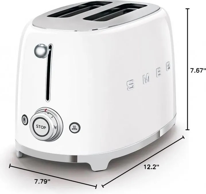 Prajitor de paine SMEG 50's Style TSF01WHEU, 950 W, 2 felii, 6 trepte, Tava pentru firimituri, Cablu integrat, Otel inoxidabil, Alb