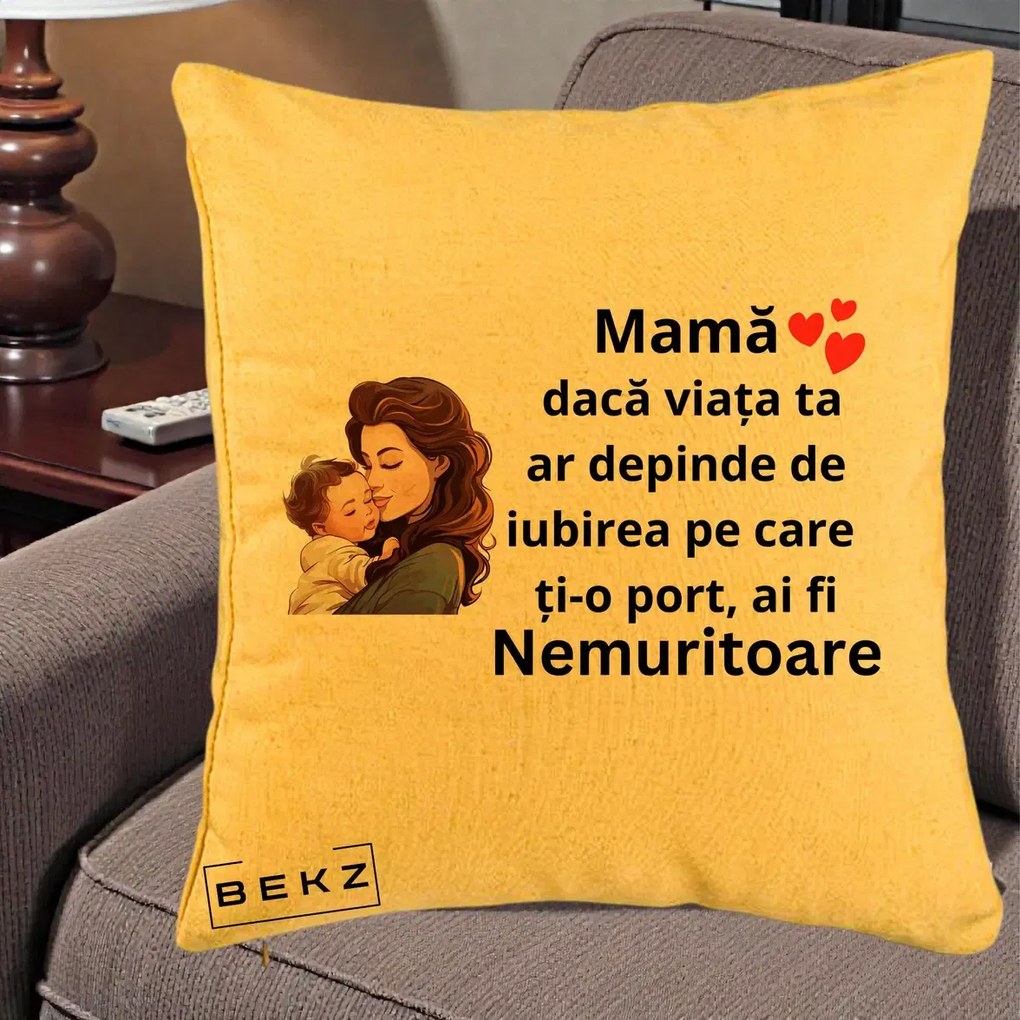 Cadou pentru Mama - Perna Personalizata Mama Nemuritoare cu Bebelus Lineart, 40x40 cm, Galben, Husa Detasabila, Perna Inclusa, BEKZ®