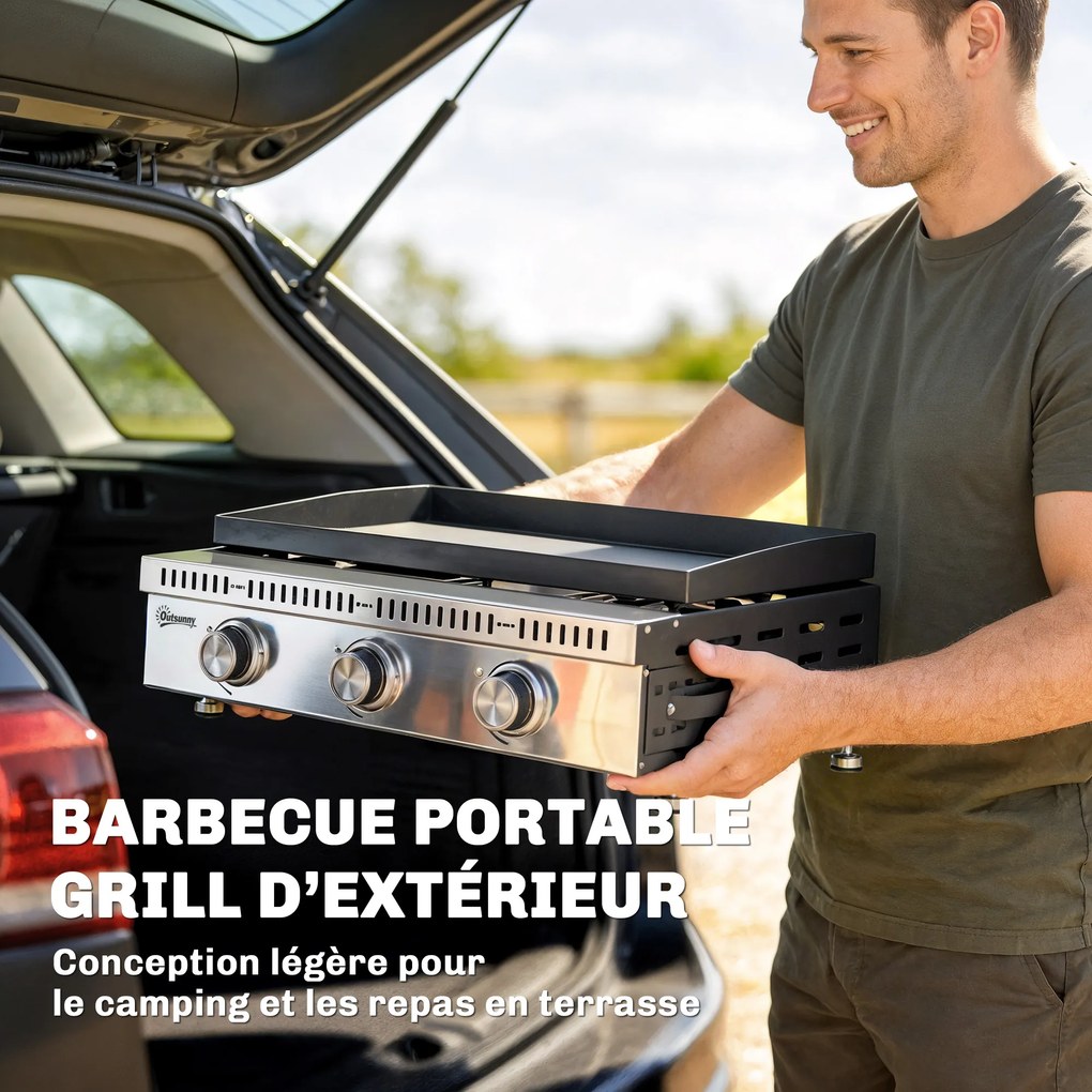 Outsunny Plancha pe gaz 9 kW 3 arzătoare din oțel inoxidabil, suprafață de gătit 56,5 x 33 cm, tavă de colectare a grăsimilor, negru | Aosom Romania