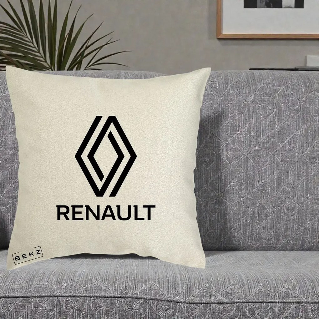 Perna Personalizata cu emblema Renault, 40x40 cm, Ecru, Husa Detasabila, Perna Inclusa, BEKZ®