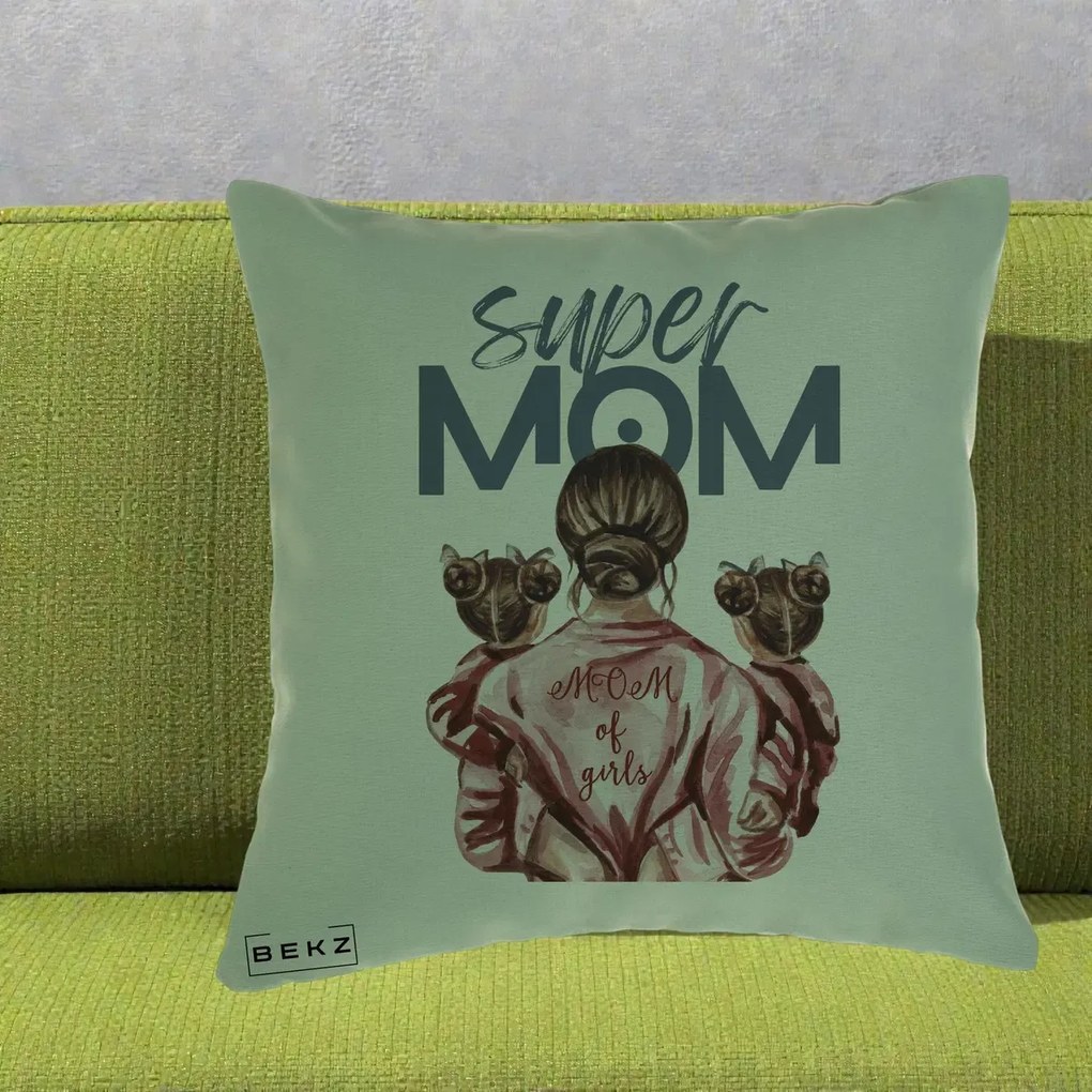 Cadou pentru Mama - Perna Personalizata Super Mom of Girls Mama cu Gemene, 40x40 cm, Verde, Husa Detasabila, Perna Inclusa, BEKZ®
