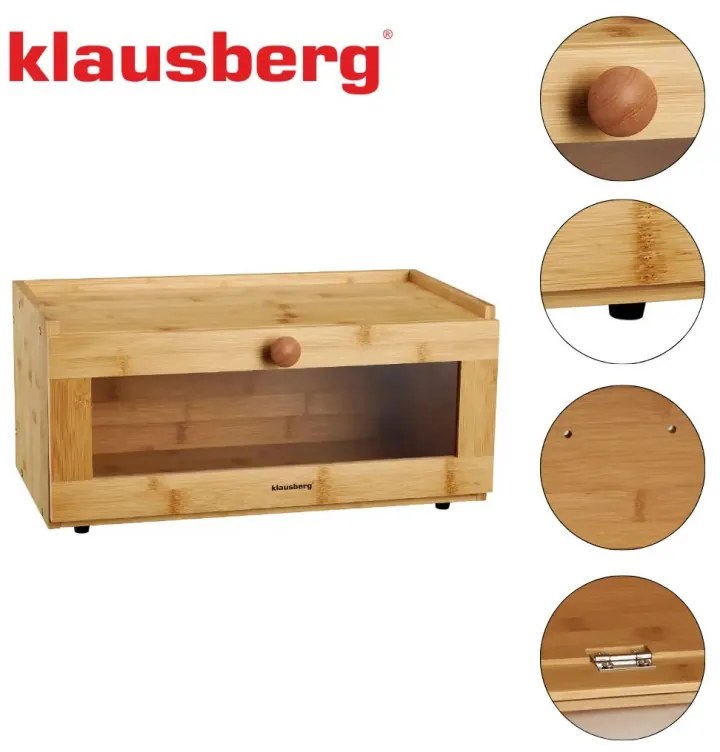 Cutie pentru paine Klausberg KB 7924, 40 cm, fereastra acrilica, Bambus, Maro