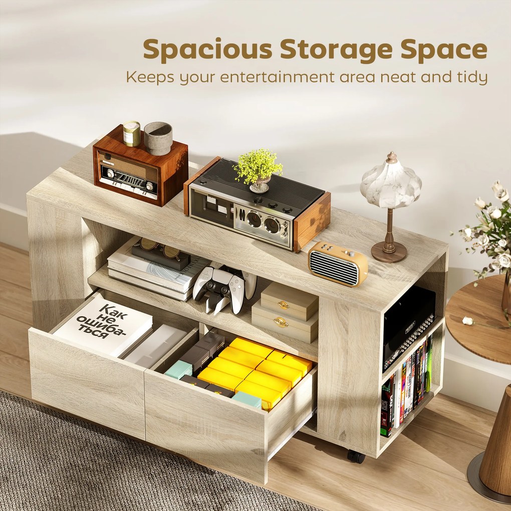 HOMCOM Suport pentru TV de 42" cu Roți Pivotante și Frână, Rafturi Ajustabile și Sertare, 102x34.5x48.5 cm, Lemn | Aosom Romania