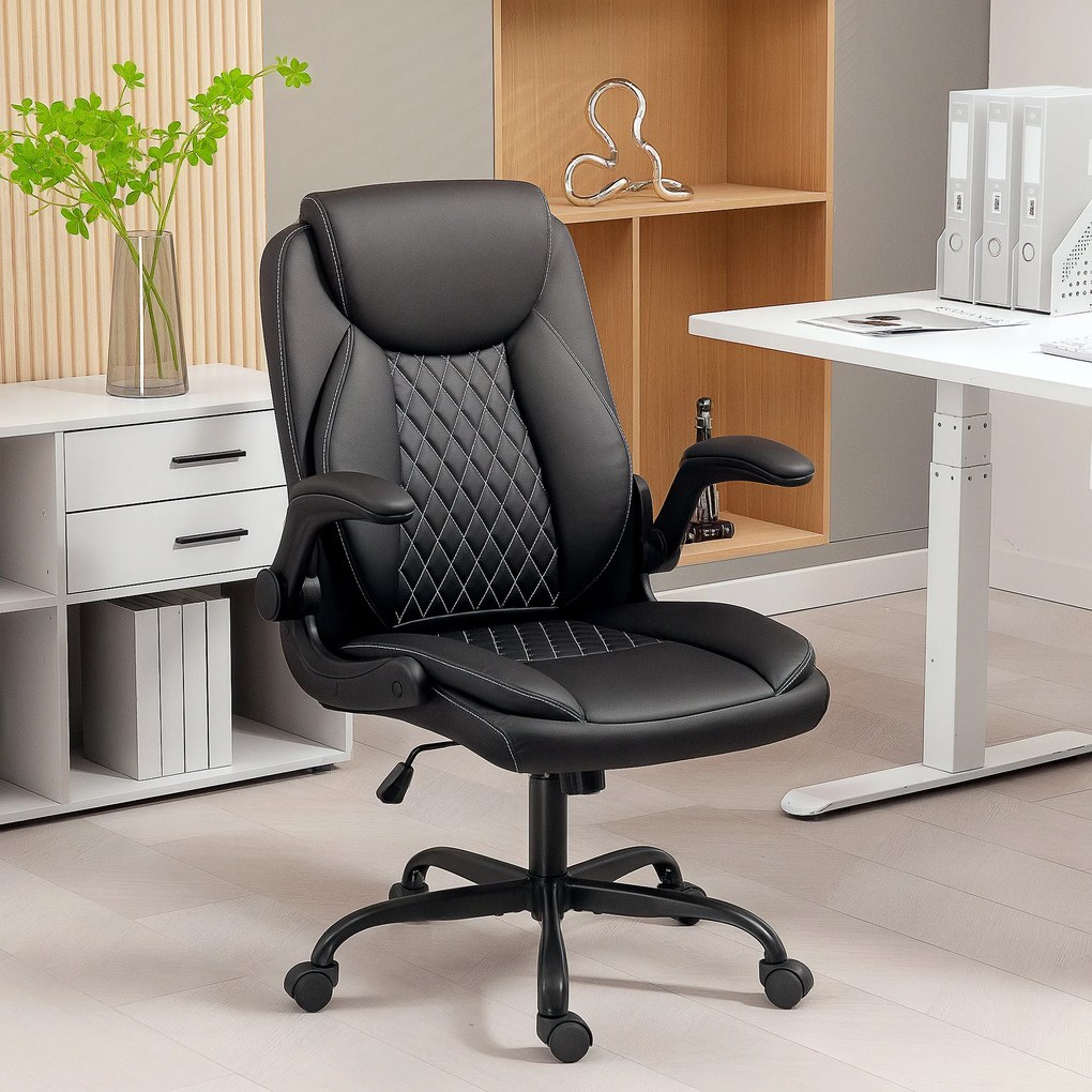 HOMCOM Scaun de birou, scaun ergonomic cu cotiere rabatabile, înălțime reglabilă, funcție de balans, negru | Aosom Romania