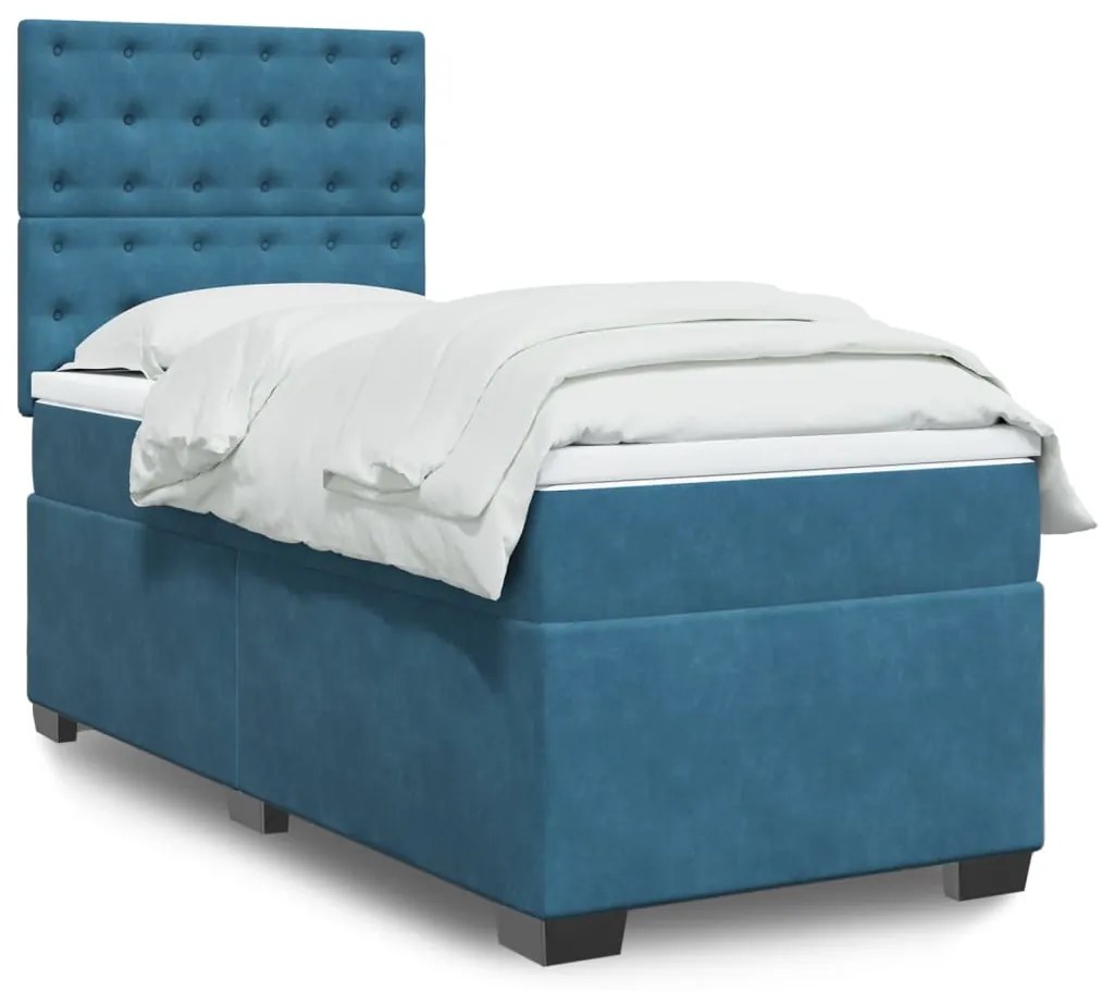 vidaXL Pat box spring cu saltea, albastru, 90x200 cm, catifea