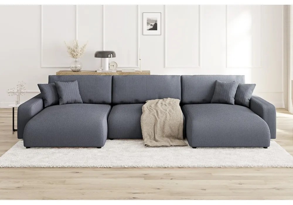 Colțar gri închis extensibil, cu spațiu de depozitare, cu tapițerie din catifea reiată Sara – Ropez