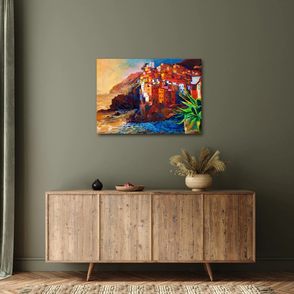 Tablou - Satul de coastă Cinque Terre, Riviera italiană, impresionismul modern (70x50 cm)