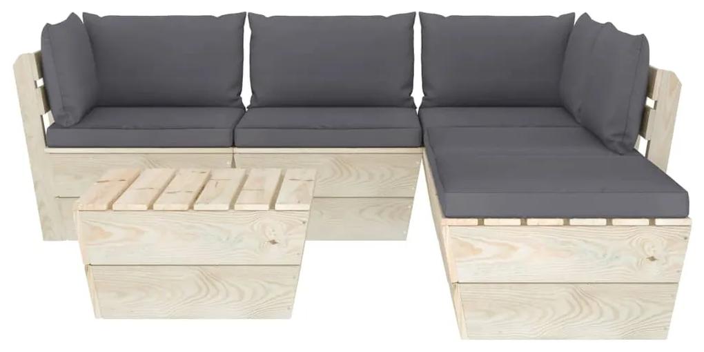Set mobilier gradina din paleti cu perne, 6 piese, lemn molid Antracit, 2x colt + 2x mijloc + suport pentru picioare + masa, 1
