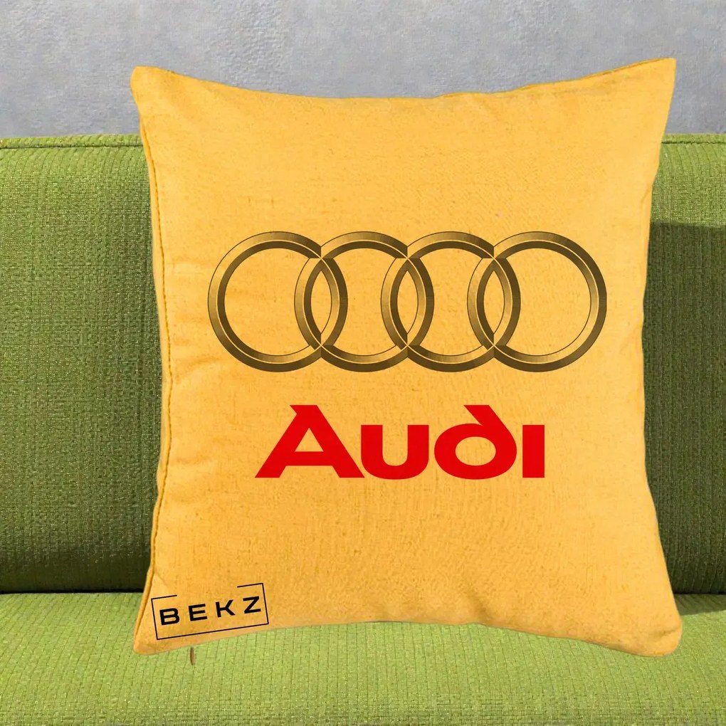Perna Personalizata cu emblema Audi, 40x40 cm, Galben, Husa Detasabila, Perna Inclusa, BEKZ®