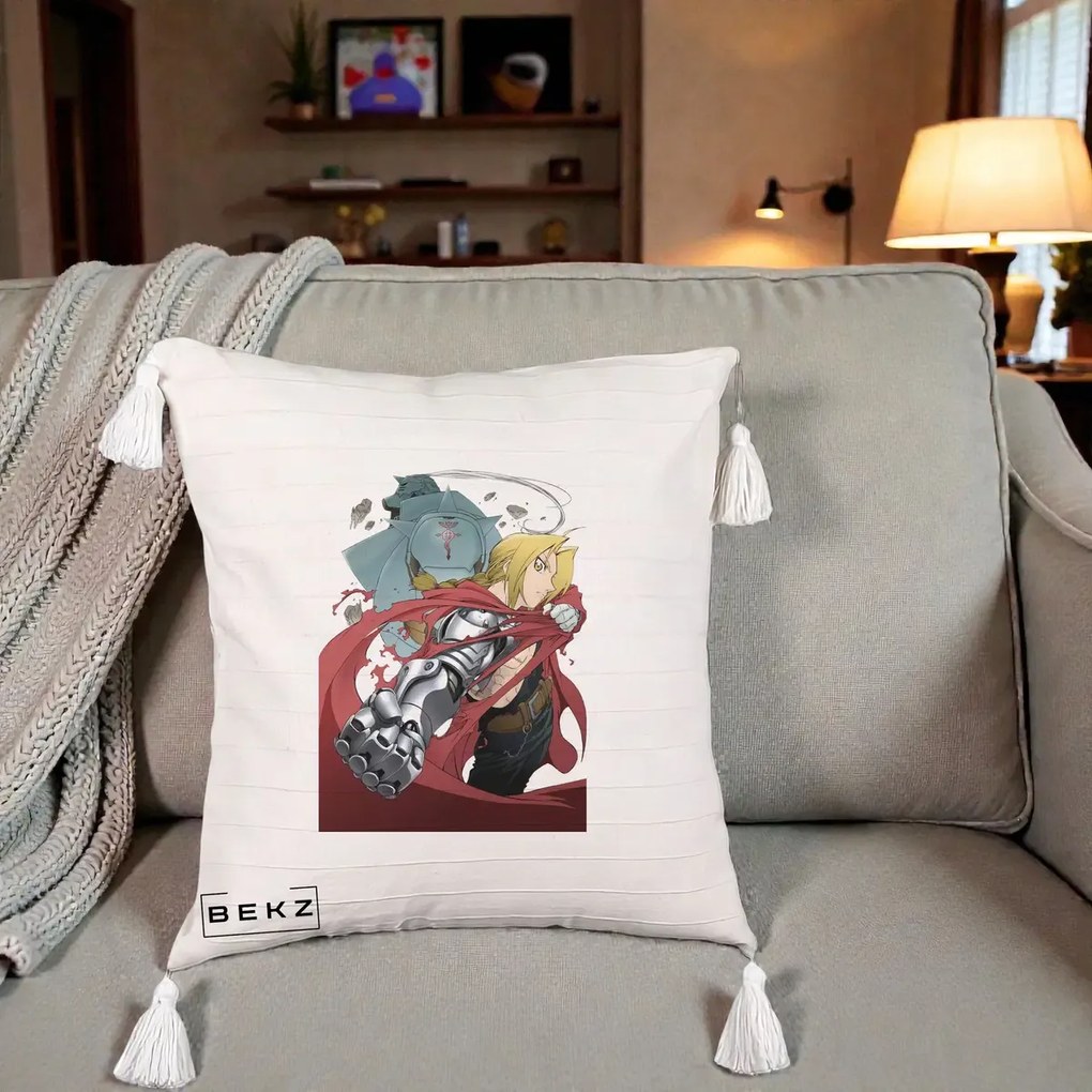 Perna Personalizata Fullmetal Alchemist Brotherhood Edward si Al Poster, 40x40 cm, Bej cu Franjuri, Husa Detasabila, Perna Inclusa, BEKZ®