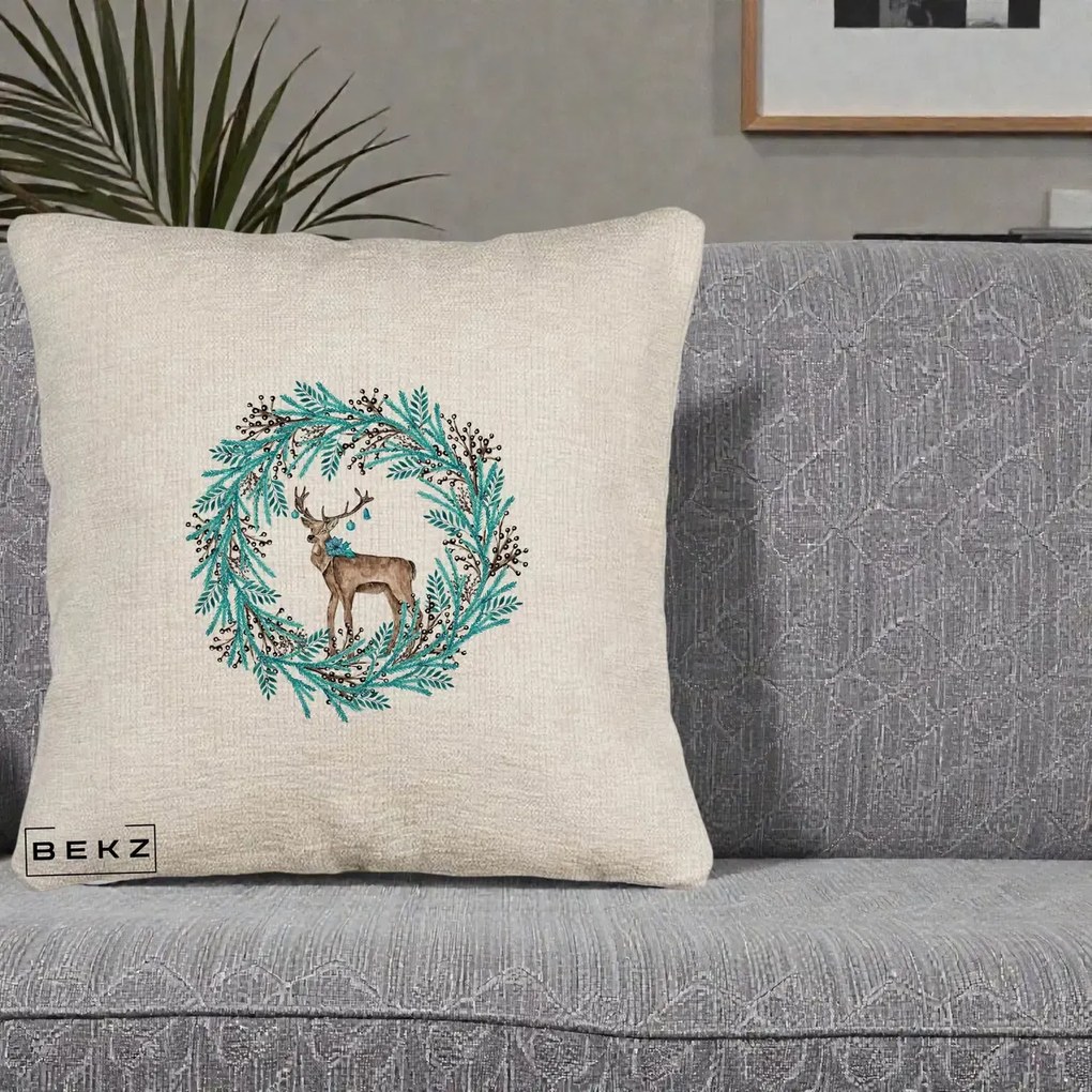 Perna Decorativa Coroana Turcoaz cu Ren, 40x40 cm, Bej Canapea, Husa Detasabila, Perna Inclusa, BEKZ®