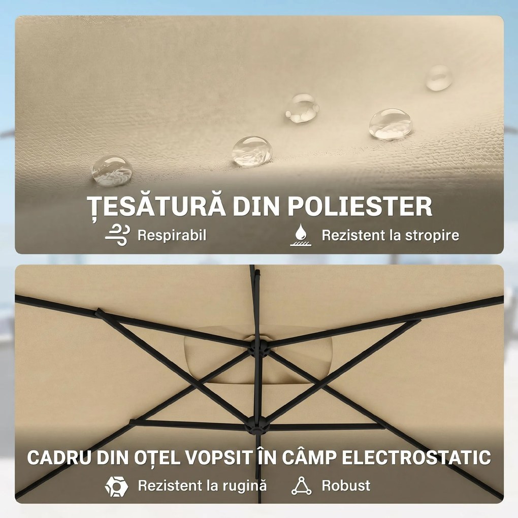 Outsunny Umbrelă Suspendată cu Orificii de Ventilaţie, Bază în Cruce şi Manivelă, 3x2 m, Bej | Aosom Romania