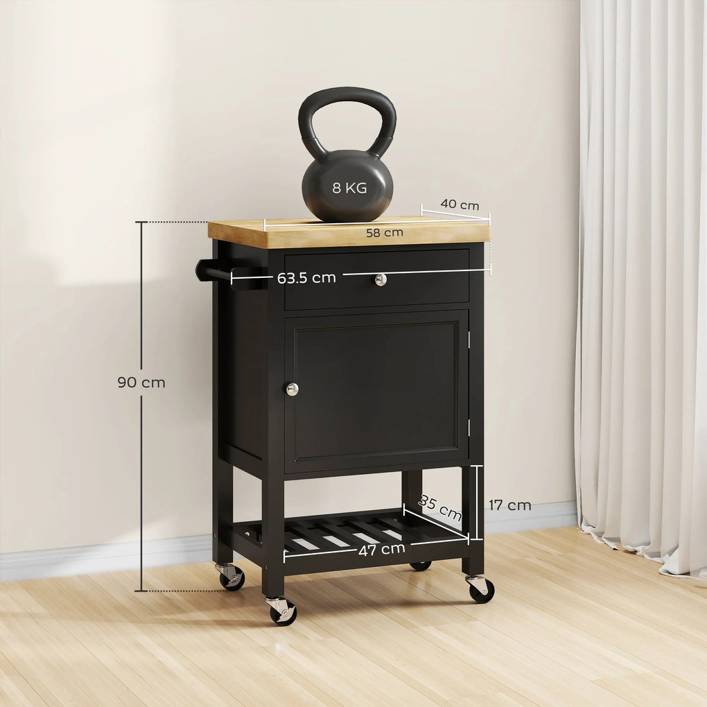 HOMCOM Servantă de bucătărie pe roți, cărucior de servire, blat din lemn de hevea, sertar, 63,5 x 40 x 90 cm, negru | Aosom Romania