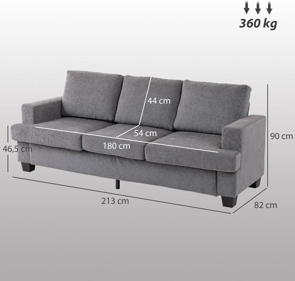 HOMCOM Canapea cu 3 locuri, canapea de living pentru 3 persoane, husă de material, cadru de oțel, canapea tapitată, Gri | Aosom Romania
