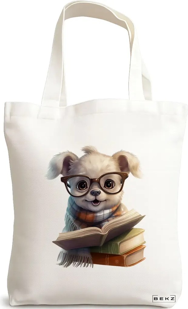 Sacosa de Panza pentru Cumparaturi, Geanta Tote, model Reading puppy 23 38 x 34.5 cm, Alba, BEKZ®