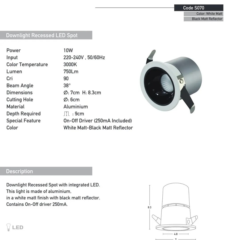 Spot LED incastrabil Trimless 10W D-7cm