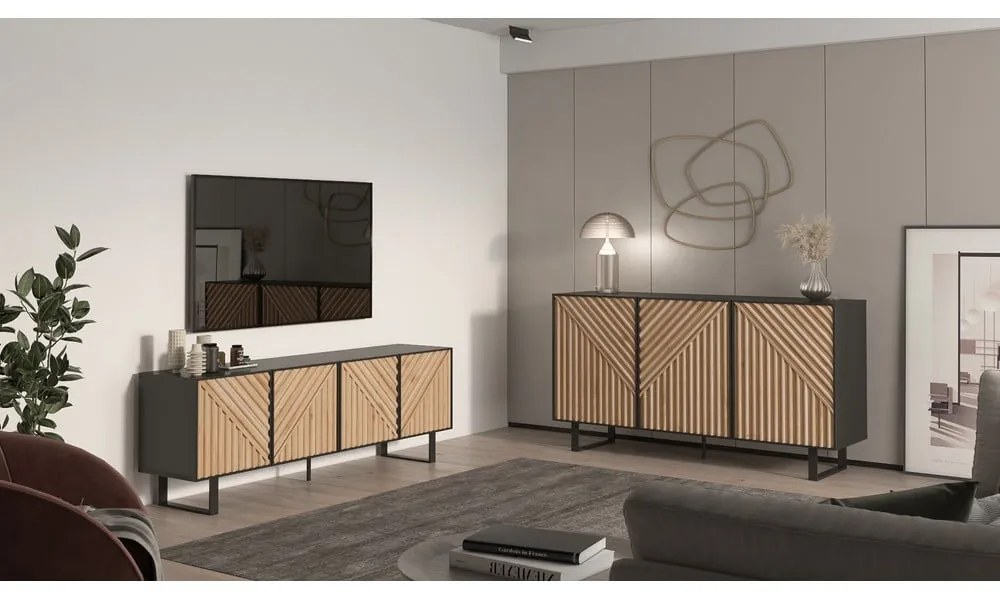 Comodă TV neagră/în culoare naturală cu aspect de lemn de stejar 161x55x35 cm Alana – Marckeric